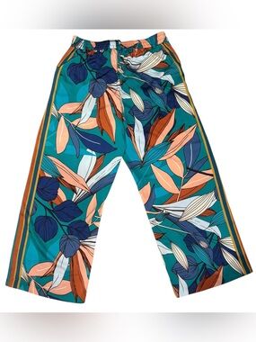 NWT Nine West Teal Tropical Wide Leg Pants Size Large Resort Vacation Boho